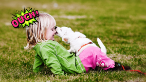 image d'un enfant avec un chiot qui lui mordille le nez