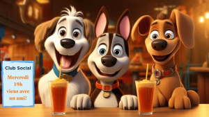 image ia de 3 chiens dans un bar avec une affiche : Club Social