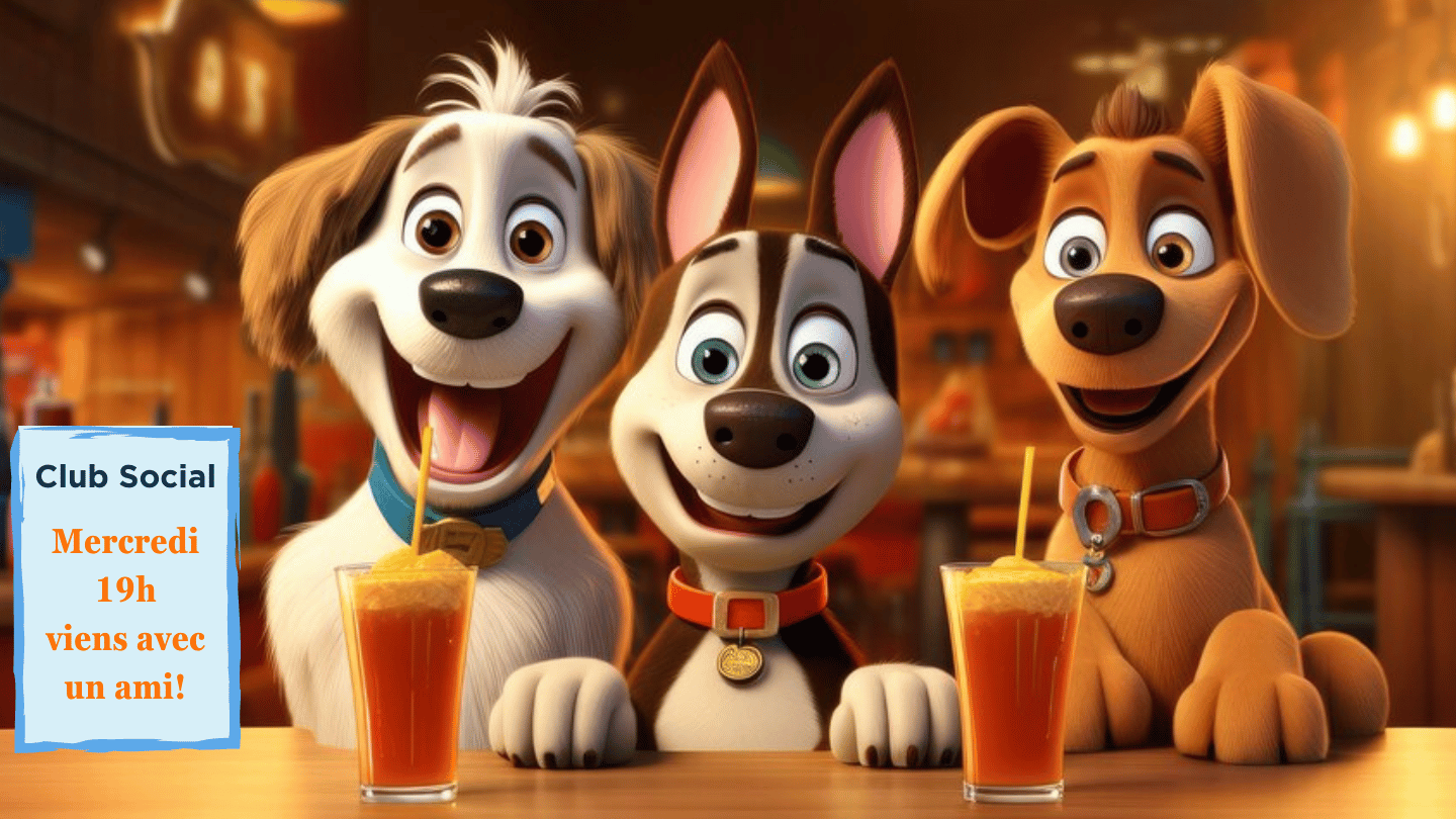 image ia de 3 chiens dans un bar avec une affiche : Club Social
